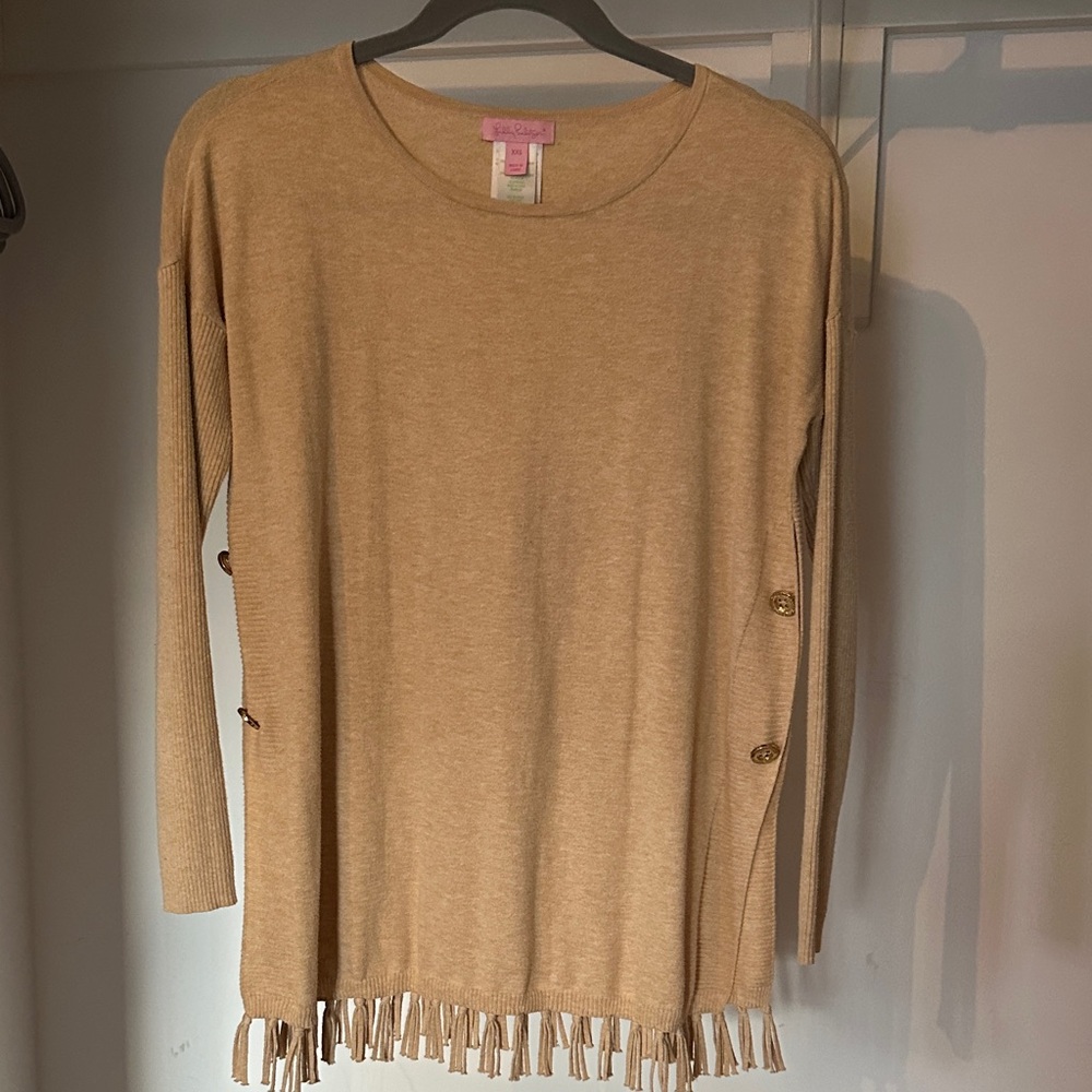 Lilly Pulitzer Tan Fringe Sweater with Button Accents XS